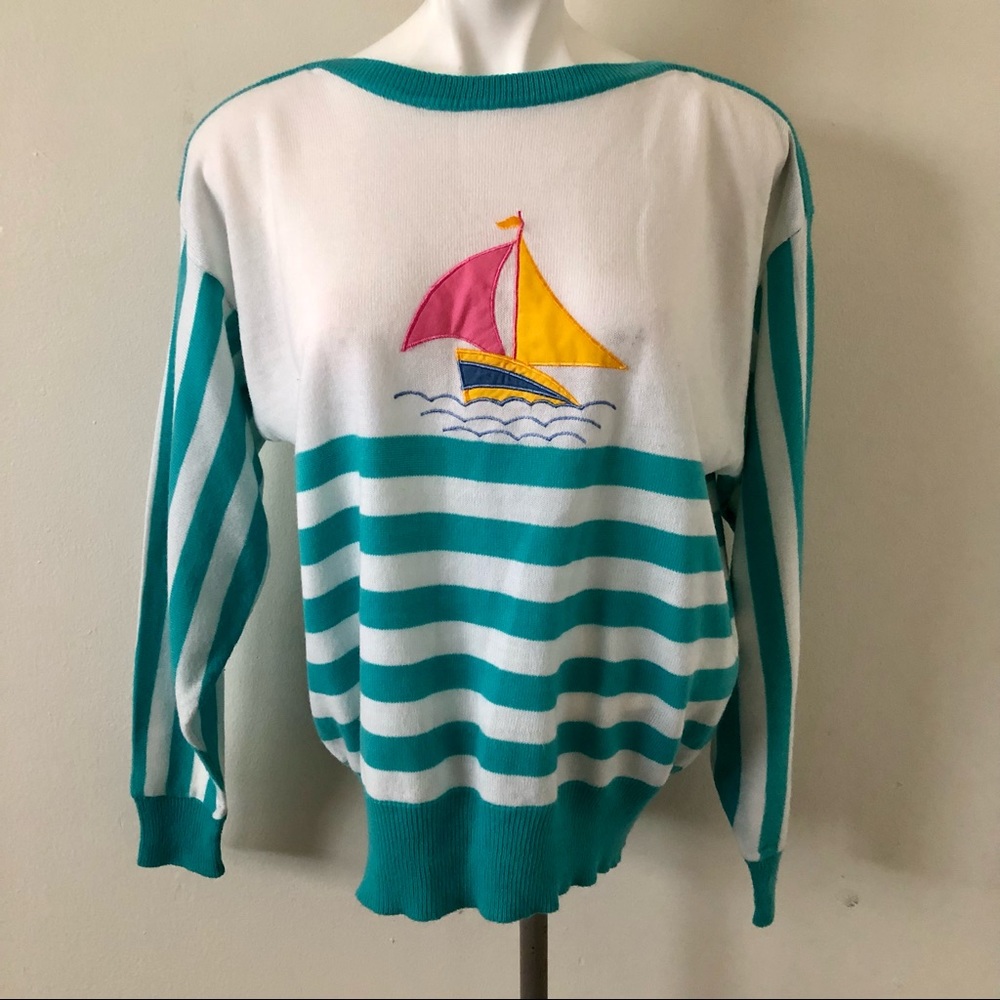Vintage 80s Striped Nautical Sweater With Appliqué Sail Boat Size Large